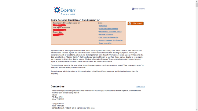 Sample Experian report print